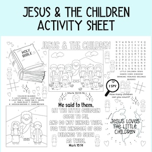 Jesus and the Children Activity Sheet, Children's Church Activity, Bible Activity Placemat for Sunday School, Bible Class, and Homeschool