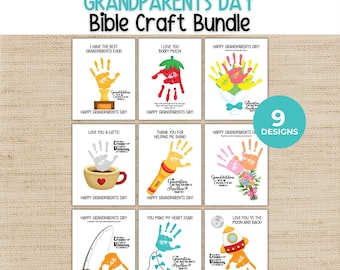 May include: A Grandparents Day Bible Craft Bundle featuring nine printable designs. Each page displays a handprint art illustration, including a trophy, strawberry, flower bouquet, coffee mug, flashlight, floral arrangement, fishing rod, kite, and rocket ship.
