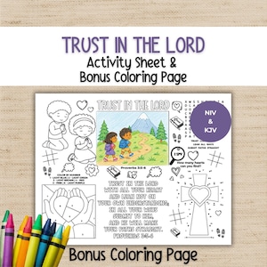 Puede incluir: Una hoja de actividades imprimible titulada Trust in the Lord con una ilustración central a color de dos niños caminando por un sendero, un corazón para colorear por números, una cruz de puntos, una sopa de letras y el versículo Proverbios 3:5-6.