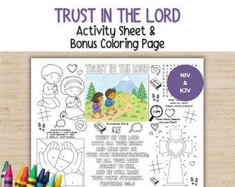 May include: A printable activity sheet titled Trust in the Lord with a central colored illustration of two children walking on a path, a color-by-number heart, a dot-to-dot cross, a word search, and the Bible verse Proverbs 3:5-6 in black text.