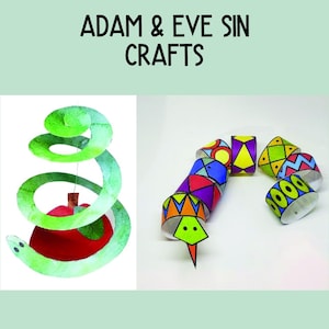 Op de afbeelding: Twee knutselwerken geïnspireerd door het verhaal van Adam en Eva. De eerste is een groene papieren slang die om een ​​rode appel is gewikkeld. De tweede is een kleurrijke papieren slang gemaakt van verbonden papieren ringen.