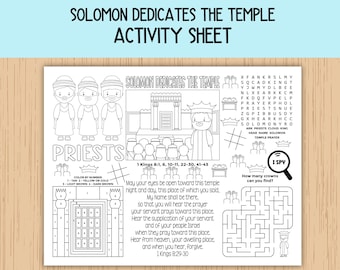 Solomon Dedicates the Temple Activity Sheet, 1 Kings 8, King Solomon, Children's Church, Bible Activity Placemat for Sunday School