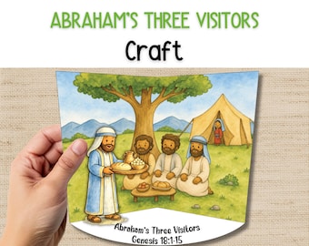 Peut inclure: Un bricolage coloré représentant les Trois Visiteurs d'Abraham. L'illustration montre trois hommes assis à une table avec de la nourriture, un homme servant du pain et une tente en arrière-plan. Le texte indique "Abraham's Three Visitors Craft" et "Genèse 18:1-15".