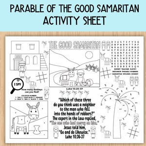 Parable of the Good Samaritan Activity Sheet, Children&#39;s Church Activity, Bible Activity Placemat for Sunday School