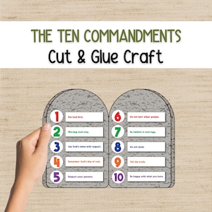 May include: A Ten Commandments cut and glue craft featuring two grey stone-shaped tablets with numbered circles one through ten in various colours. Each number corresponds to a white rectangular label with text describing the commandments.