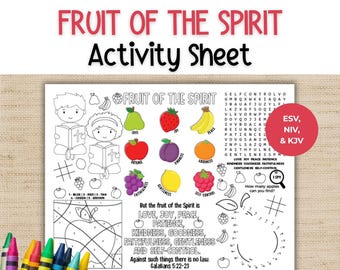 May include: A Fruit of the Spirit activity sheet featuring black and white line art illustrations of children reading, a color-by-number apple, a word search, and a dot-to-dot pear. Colorful fruit icons are labeled with virtues.