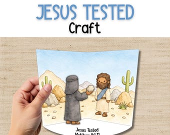 Peut inclure: Un projet de bricolage intitulé "Jésus mis à l'épreuve" avec une illustration de Jésus et d'une autre figure dans un paysage désertique. Le texte "Jésus mis à l'épreuve Matthieu 4:1-11" est également inclus.