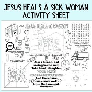 Jesus Heals a Sick Woman Activity Sheet, Children&#39;s Church Activity, Bible Activity Placemat for Sunday School, Bible Class, and Homeschool