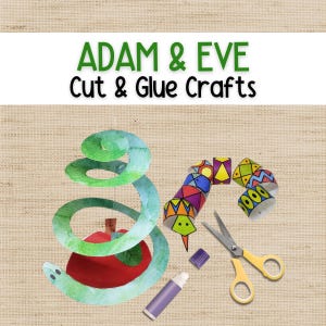 Puede incluir: Imagen de un proyecto de manualidades con el texto 'ADAM & EVE Cut & Glue Crafts'. Muestra una serpiente de papel verde y azul, una manzana roja y una serpiente segmentada colorida. También se ven tijeras, pegamento y otros materiales de manualidades.