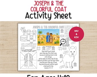 Joseph and the Colorful Coat Activity Sheet, Children's Church, Bible Activity Placemat for Sunday School, Bible Class, and Homeschool
