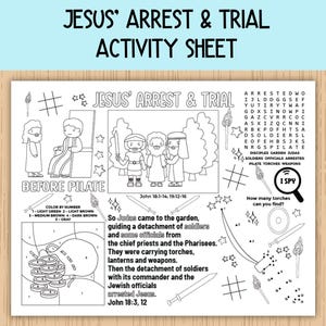 Puede incluir: Una hoja de actividades imprimible en blanco y negro para niños sobre el arresto y el juicio de Jesús. La hoja incluye una búsqueda de palabras, una actividad de colorear por números y un juego de « Yo veo ». El texto en la hoja incluye los versículos bíblicos Juan 18:1-14, 19:12-16 y Juan 18:3, 12.