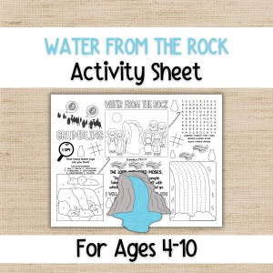 May include: A black and white activity sheet titled Water From The Rock for ages 4-10. The page features line art illustrations of biblical figures, a word search, a color-by-number section, and a central graphic of water flowing from a rock.