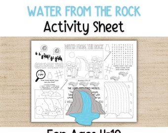 May include: A black and white activity sheet titled Water From The Rock for ages 4-10. The page features line art illustrations of biblical figures, a word search, a color-by-number section, and a central graphic of water flowing from a rock.
