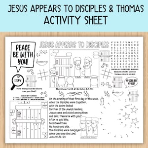 May include: Black and white printable activity sheet for kids featuring a scene of Jesus appearing to his disciples. The sheet includes a word search, a 'I Spy' game, and a connect-the-dots activity. The text 'Peace be with you!' is featured in a speech bubble.