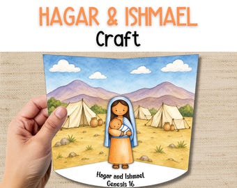 Peut inclure: Illustration à l'aquarelle de Hagar et Ismaël. L'image montre une femme en voile bleu et robe orange tenant un bébé. L'arrière-plan présente des tentes, des montagnes et le texte "Hagar & Ishmael Craft".