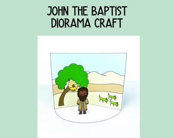 Puede incluir: Una manualidad imprimible para niños con Juan el Bautista de pie en un paisaje desértico con un árbol, una colmena y saltamontes verdes. El título "John the Baptist Diorama Craft" está en la parte superior de la página.