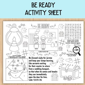 Puede incluir: Hoja de actividades en blanco y negro con el texto "BE READY ACTIVITY SHEET". Incluye ilustraciones de lámparas, estrellas y figuras, junto con una sopa de letras y un juego de "I SPY". Presenta versículos bíblicos y secciones para colorear.