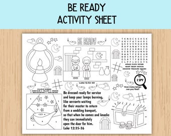 Puede incluir: Hoja de actividades en blanco y negro con el texto "BE READY ACTIVITY SHEET". Incluye ilustraciones de lámparas, estrellas y figuras, junto con una sopa de letras y un juego de "I SPY". Presenta versículos bíblicos y secciones para colorear.