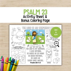 Puede incluir: Una hoja de actividades y página para colorear extra del Salmo 23 con una ilustración central a color de un pastor con ovejas, rodeada de dibujos en blanco y negro que incluyen una oveja de puntos para unir, colorear por números y texto.