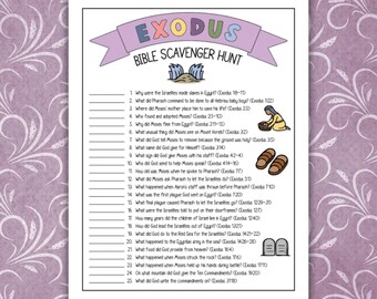 Peut inclure: Une feuille d'activité de chasse au trésor biblique sur l'Exode avec une bannière violette portant le texte Exodus, une liste de vingt-cinq questions numérotées et des illustrations d'un panier, de sandales et de tablettes de pierre.