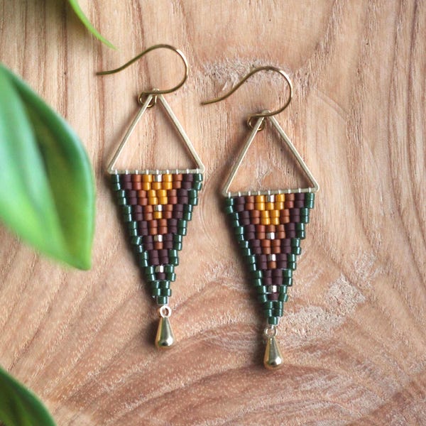 Handmade Seed Bead Triangle Earrings, Earth Tone Boho Dangle