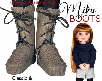 Könnte beinhalten: Ein PDF-Muster zum Nähen von nähfreien Stiefeln für Puppen. Die Stiefel sind braun mit schwarzen Schnürsenkeln und passen zu den Puppen von Ruby Red Fashion Friends. Das Muster ist mit "Mika Boots" beschriftet und einfach zu nähen.