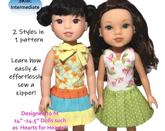 Puede incluir: Un patrón PDF para un vestido Myrtle para muñecas de 14-14,5 pulgadas. El patrón incluye dos estilos, uno con estampado floral y un lazo amarillo, y el otro con estampado de lunares verdes. El patrón está diseñado para adaptarse a muñecas como Hearts for Hearts y Wellie Wishers.