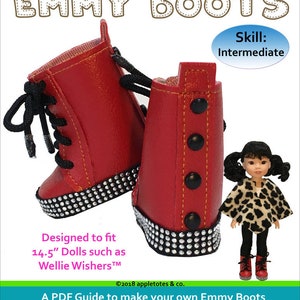 May include: Red lace-up boots with black laces and rhinestones around the sole. The boots are designed to fit 14.5 inch dolls. The image also shows a doll wearing a leopard print top and black pants.
