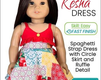 Könnte beinhalten: Eine Puppe trägt ein Kesha-Kleid mit rotem Oberteil, einem gelben Knopf und einem mehrfarbigen Rock mit Blumen- und geometrischen Mustern. Der Text lautet: appletotes & co. Kesha DRESS, Skill: Easy FAST FINISH, Spaghetti Strap Dress with Circle Skirt and Ruffle Detail, DESIGNED TO FIT 18 INCH DOLLS, A PDF pattern to make the Kesha Dress.