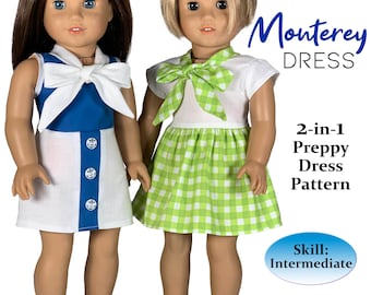 Puede incluir: Un patrón PDF para un vestido preppy 2 en 1 para muñecas de 45 cm. El patrón incluye un vestido de cuadros verdes y un vestido a rayas azules y blancas con un lazo blanco. El patrón está etiquetado como "Monterey Dress" y está diseñado para un nivel de habilidad intermedio.