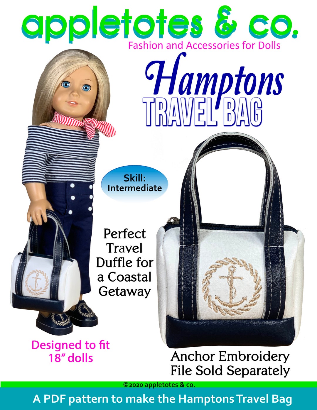 Hamptons Travel Bag PDF Sewing Pattern for 18 Inch Doll (appletotes ...