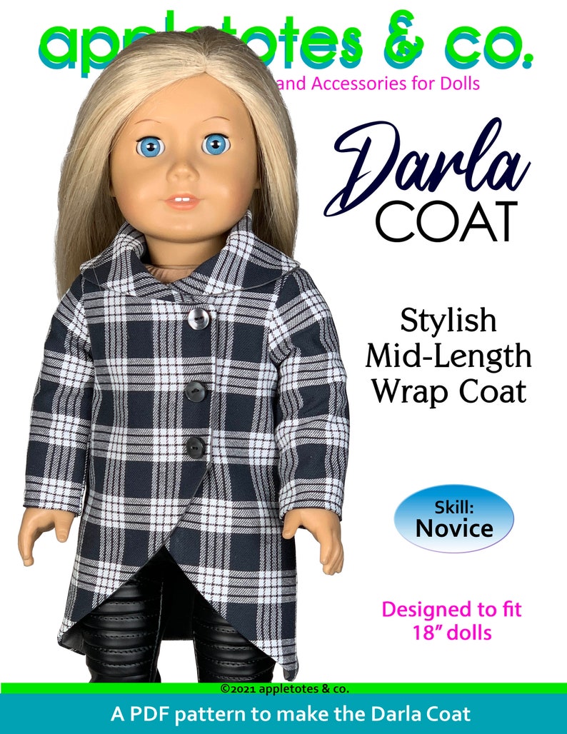 Pu&ograve; includere: Un modello PDF per realizzare il cappotto Darla, un elegante cappotto avvolgente di media lunghezza per bambole di 46 cm. Il modello &egrave; per un livello di abilit&agrave; principiante.