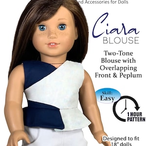 Ciara Blouse PDF Sewing Pattern: 18&quot; Doll Clothes, Asymmetrical Peplum Top (FREE BONUS)