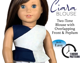 Puede incluir: Un patrón de costura PDF para una blusa de muñeca de dos tonos con un frente superpuesto y un peplum. El patrón está diseñado para muñecas de 45,7 cm y está etiquetado como fácil de hacer. El patrón está ilustrado con una muñeca usando la blusa.