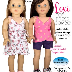 Może przedstawiać: Wzór PDF do uszycia kompletu Lexi Top + Sukienka dla lalek o wysokości 45,7 cm. Wzór zawiera sukienkę w różowo-białe kwiaty oraz różowy top z zakładanym dekoltem. Wzór jest przeznaczony dla osób o średnim poziomie umiejętności szycia.