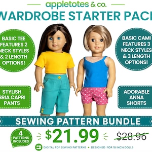May include: Two dolls dressed in doll clothing. One doll wears a yellow tee and teal capri pants. The other doll is in a blue cami and pink shorts. The image includes text that says "WARDROBE STARTER PACK" and "SEWING PATTERN BUNDLE".
