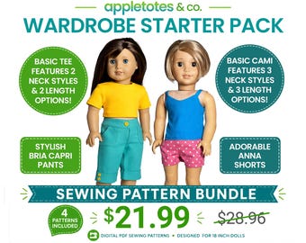 Puede incluir: Dos muñecas vestidas con ropa de muñeca. Una muñeca lleva una camiseta amarilla y pantalones capri turquesa. La otra muñeca lleva un cami azul y pantalones cortos rosas. La imagen incluye el texto "WARDROBE STARTER PACK" y "SEWING PATTERN BUNDLE".