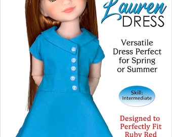 Puede incluir: Un patrón de costura PDF para un vestido azul llamado "Vestido Lauren" diseñado para las muñecas Ruby Red Fashion Friends. El patrón es para un nivel de habilidad intermedio y es versátil para la primavera o el verano.