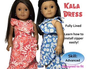 Hawaiian Ispired Kala Dress for 18 inch Doll Pattern American Girl Our Generation Journey Girls  doll dress Appletotes & Co.