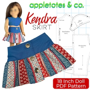 May include: A doll wearing a blue crop top and a matching skirt. The skirt has a blue waistband and a patterned design with red, white, and blue accents. The image also includes a pattern for an 18-inch doll skirt.
