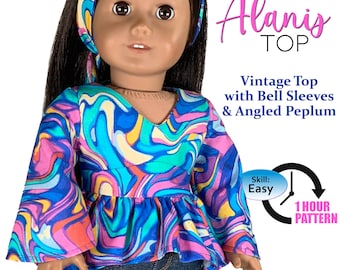 Alanis Top Sewing Pattern for 18" Dolls: 70s Retro Bell Sleeve Peplum (PDF Pattern)