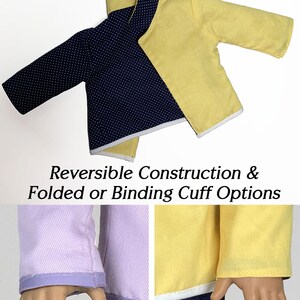 May include: A reversible doll jacket with a yellow and navy blue fabric. The jacket has a white binding around the edges and a white binding on the cuffs. The jacket can be worn with the yellow side out or the navy blue side out. The jacket is shown on a doll with a plaid skirt and blue jeans.