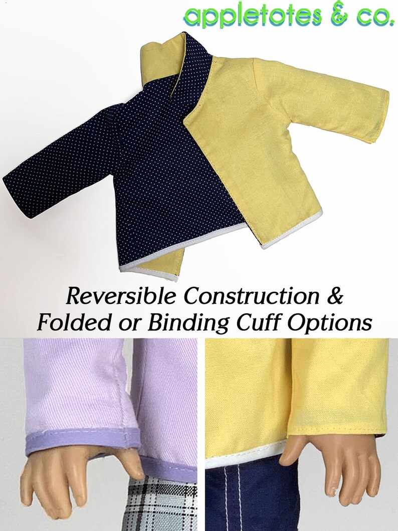 May include: A reversible doll jacket with a yellow and navy blue fabric. The jacket has a white binding around the edges and a white binding on the cuffs. The jacket can be worn with the yellow side out or the navy blue side out. The jacket is shown on a doll with a plaid skirt and blue jeans.