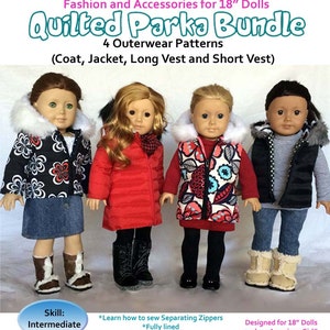 Quilted Parka Bundle for 18 inch Doll Pattern American Girl Our Generation Journey Girls 4 Styles doll dress Appletotes & Co.