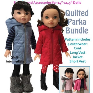Wellie Wishers Pattern - Quilted Parka Bundle for 14" Doll - Coat Jacket Parka Vest Sewing Pattern for Wellie Wishers - 14" Doll Pattern