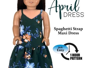 Puede incluir: Un patrón de costura PDF para un vestido de muñeca de 45,7 cm. El vestido es un vestido maxi verde con estampado floral y tirantes finos. El patrón está etiquetado como "Vestido Abril" y se describe como "Vestido maxi de tirantes finos" y "Fácil" de coser.