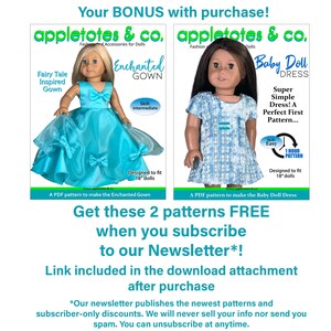 May include: Two doll dress patterns are featured, one a turquoise gown and the other a blue baby doll dress. The text reads "appletotes & co." and "Get these 2 patterns FREE when you subscribe to our Newsletter*!"