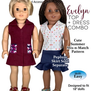 Evelyn Top Blouse Shirt Dress Combo Sewing Pattern for 18 Inch Dolls PDF Pattern for 18&quot; by Appletotes & Co. FREE BONUS patterns