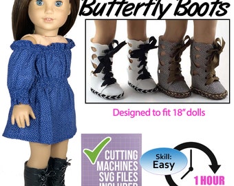 Könnte beinhalten: Ein PDF-Muster zum Nähen von No-Sew Butterfly Boots für 45,7 cm Puppen. Das Muster enthält SVG-Dateien für Schneidemaschinen und ist ein einfaches, einstündiges Projekt.