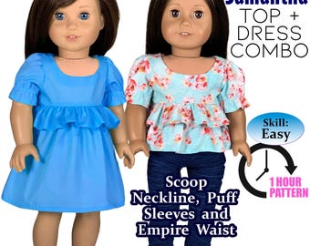 Puede incluir: Un patrón PDF para hacer un vestido y un top combinados para la muñeca Samantha. El patrón incluye instrucciones para un escote redondo, mangas abullonadas y cintura imperio. El patrón está diseñado para muñecas de 45,7 cm y se describe como un nivel de habilidad fácil.